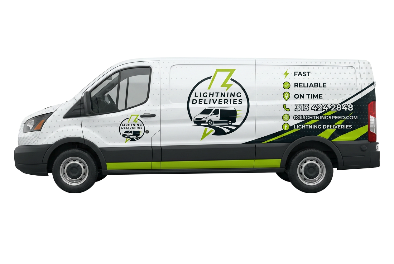 Lightning Deliveries branded Ford Transit cargo van — Metro Detroit same-day courier fleet