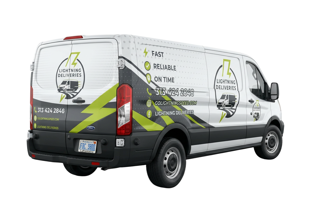 Lightning Deliveries Ford Transit courier van serving Detroit, Dearborn, Southfield, Troy, Livonia, and Novi